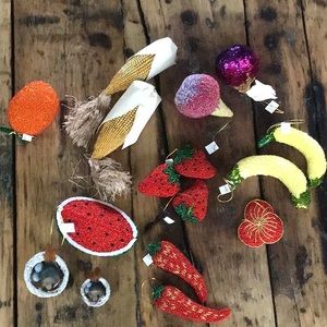 16 beaded and sequin fruit and veggie ornaments.